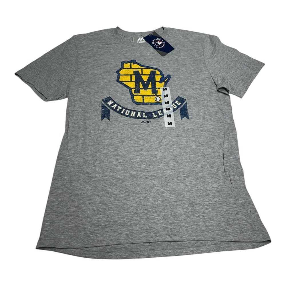 Majestic Milwaukee Brewers Shirt Mens Sz M Grey Wisconsin Logo MLB Baseball Tee